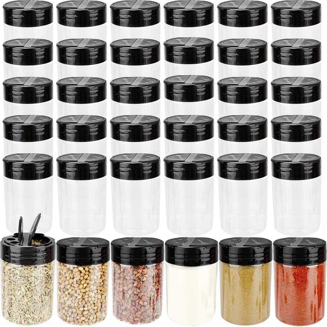 48 Pack 4 oz Plastic Spice Jars with Black Flip Caps and Labels Clear Mini Seasoning Bottles Round Empty Spice Containers for Pepper Herbs Crafts