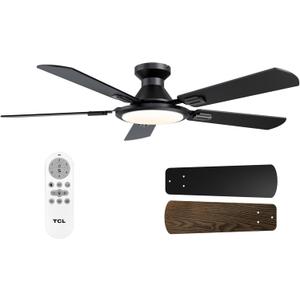 TCL Ceiling Fans with Lights, 52 Inch Low Profile Ceiling Fan with Light and Remote Control, Flush Mount, DC Reversible Motor, Noiseless, 6 Speeds Ceiling Fan for Bedroom (Black)