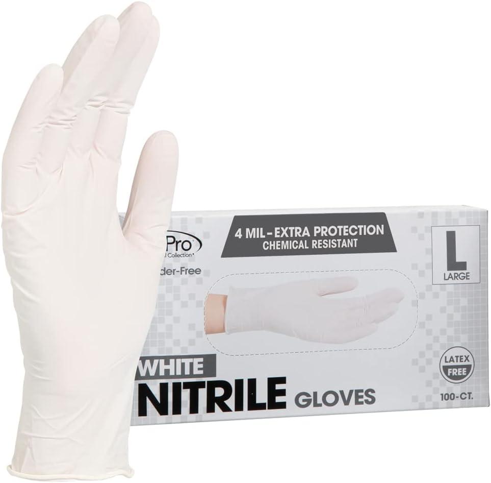 ForPro Professional Collection Disposable Nitrile Gloves, Chemical Resistant, Powder-Free, Latex-Free, Non-Sterile, Food Safe, 4 Mil, White, Large, 100-Count