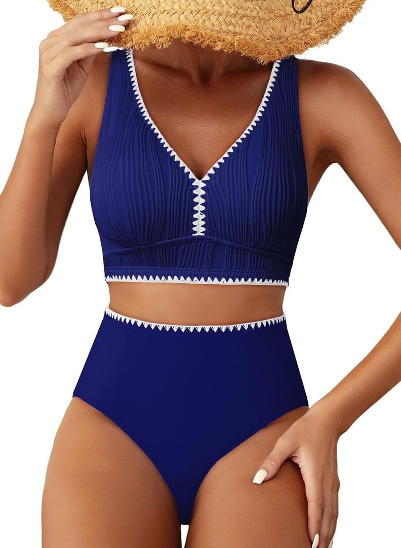 Herseas High Waisted Bikini Sets for Women - Textured Whip Stitch 2 Piece Swimsuit Bestselling Summer Beach Bathing Suit (Medium, Navy Blue)