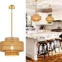 12.4 Boho Rattan Chandelier, Hand Woven Pendant Light Fixture, 1-Light Farmhouse Hanging Ceiling Light for Dining Room, Kitchen Island, Bedroom, Living Room, Entryway, Foyer