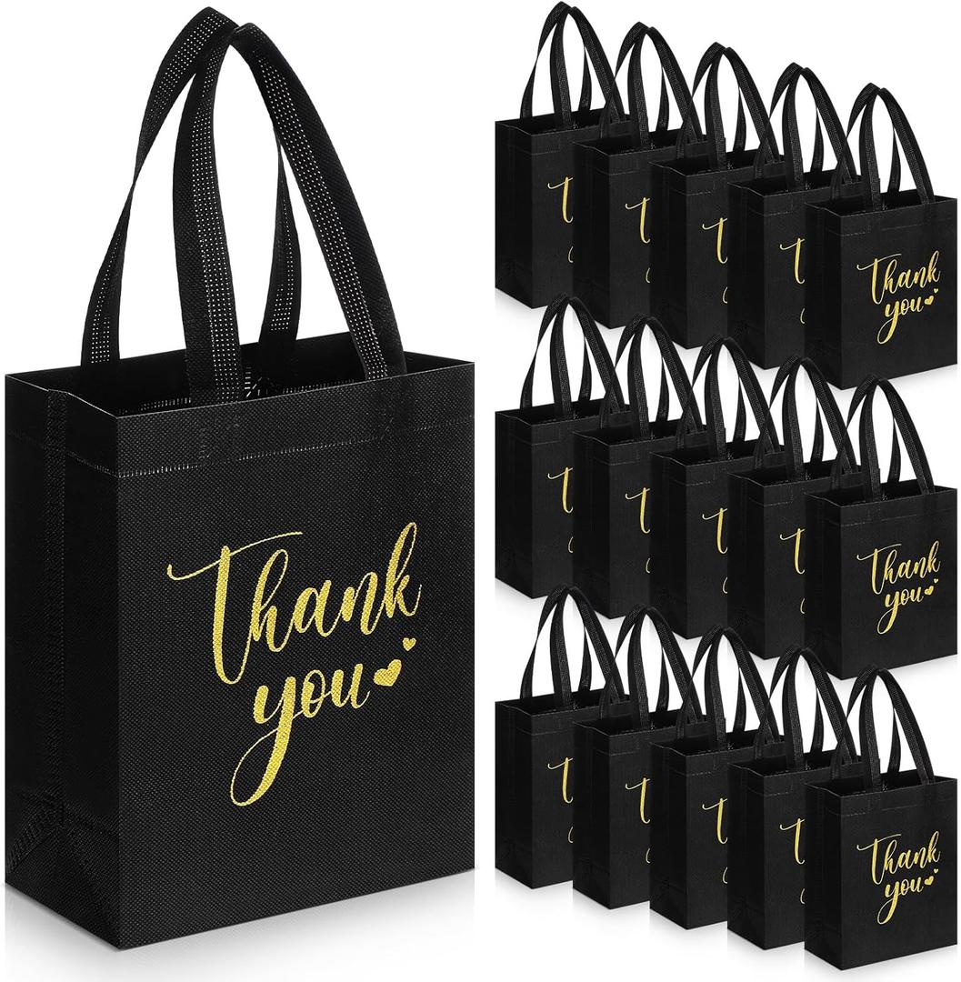 Sweetude 30 Pcs Thank You Gift Bags with Handles, Reusable Non Woven Foldable Goodie Bags Bulk for Graduation Teacher Appreciation Wedding Bridesmaid Favors(10 x 8 x 4 Inch,Black)