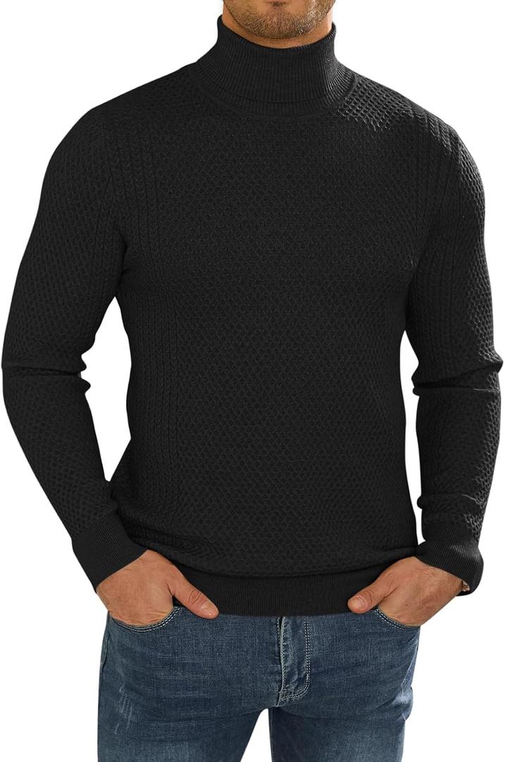 Men's Slim Fit Turtleneck Long Sleeve Sweater Casual Knitted Twisted Pullover Sweaters (Black, M)