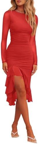 Hocuos Womens 2026 Round Neck Long Sleeve Ruffle Hem Midi Dress Mesh Ruched Bodycon Formal Cocktail Wedding Guest Dresses M