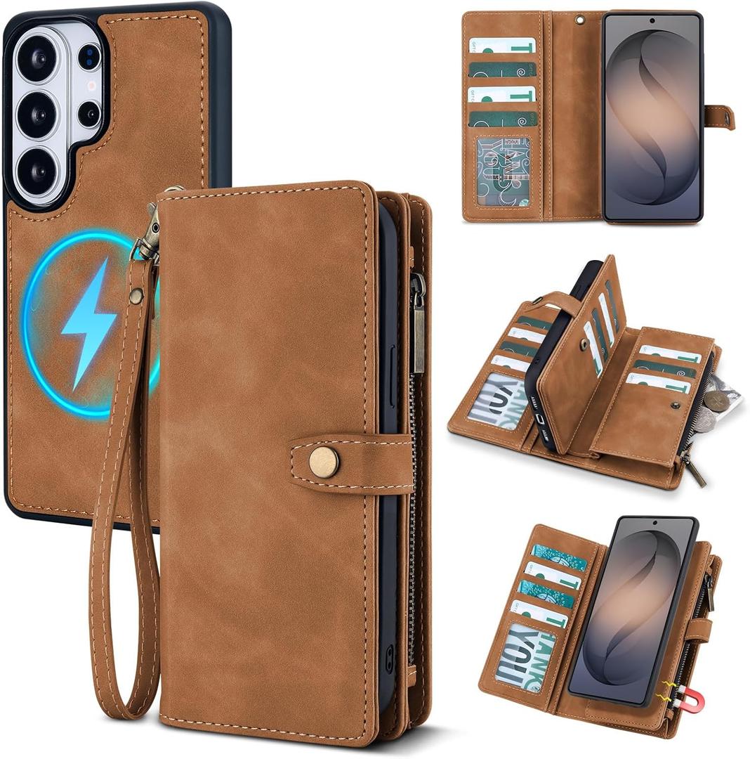 TwoHead for Samsung Galaxy S26 Ultra Wallet Case with Card Holder, Detachable Magnetic Phone Case for S26 Ultra,PU Leather All-Round Protective Phone Case Wallet with Wrist Strap(6.9 in,Brown)