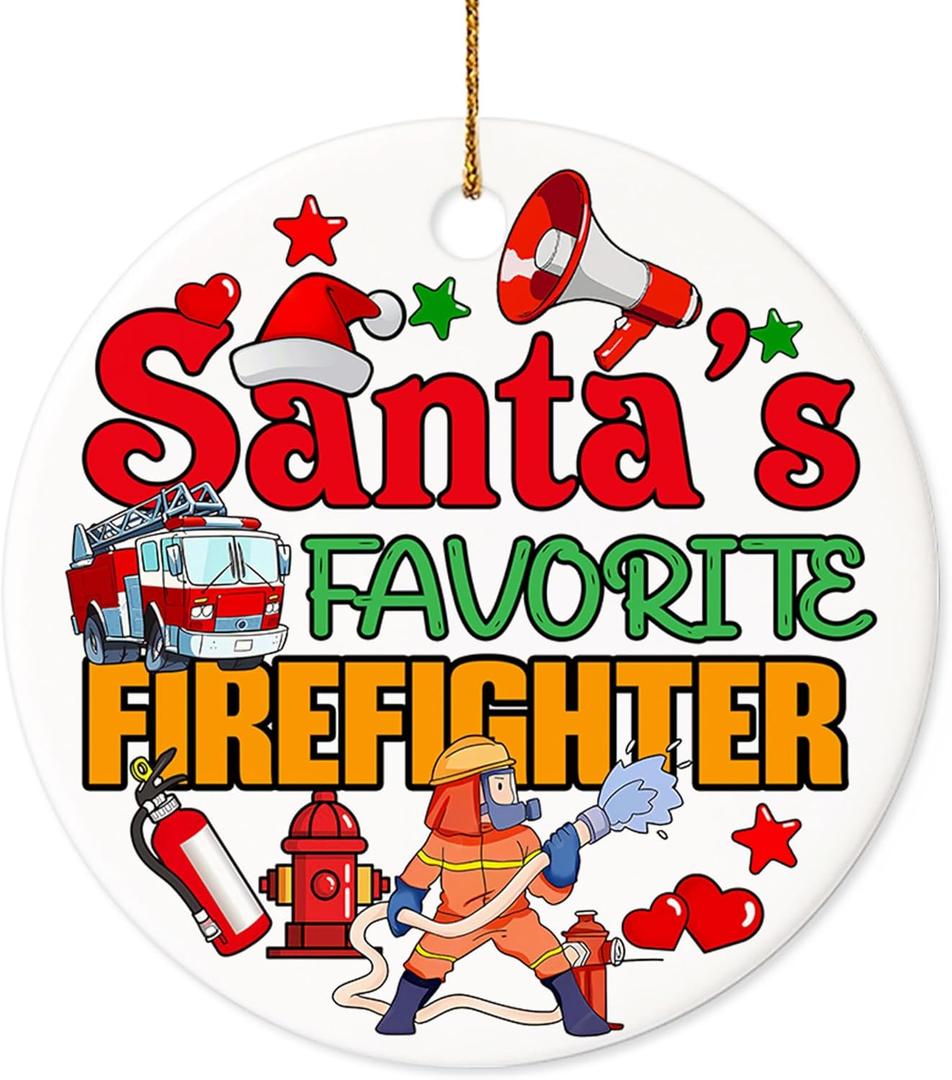 Christmas Ornament - Santas Favorite Firefighter Ceramic Ornament, Funny Holiday Tree Decoration for Firefighters, Firemen, Firewomen & First Responders