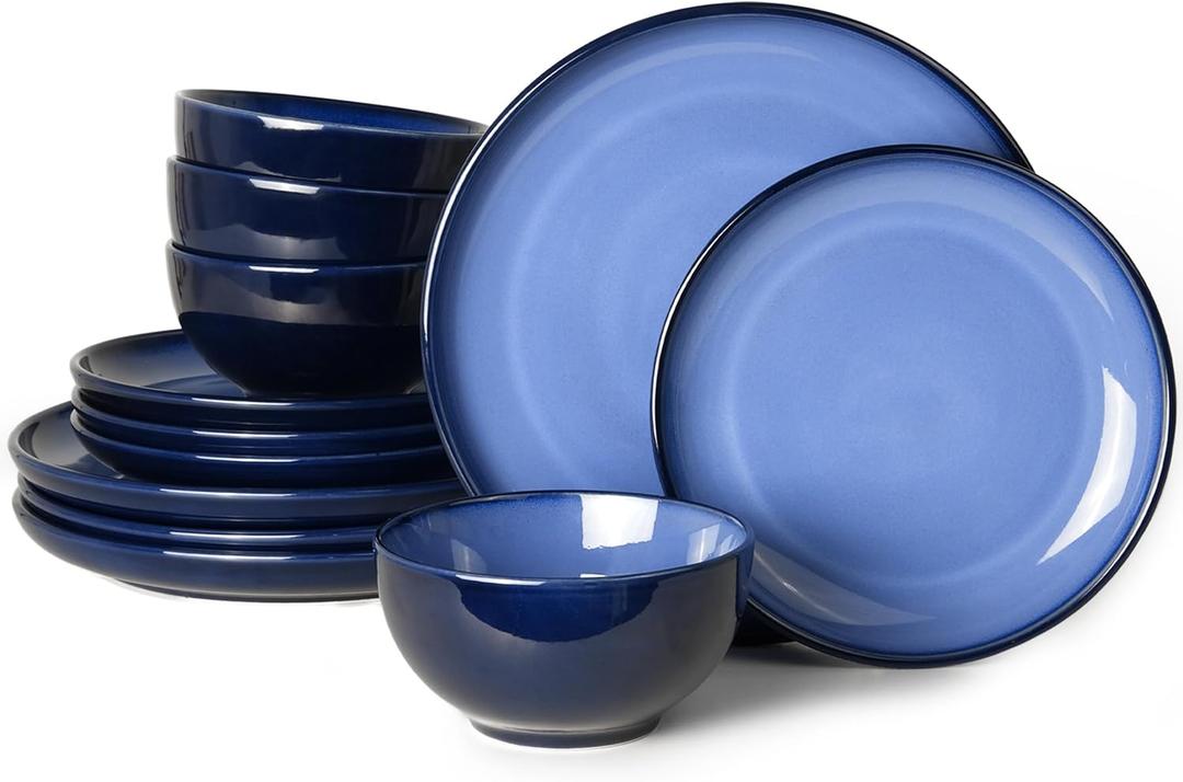 Pokini Blue Stoneware Dinnerware Set, 12 pcs Reactive Glaze Plates and Bowls Sets, Handmade Round Dishes Set for 4, Highly Chip and Crack Resistant Modern Plate Set