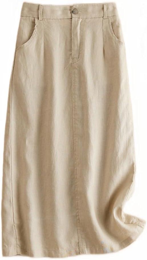 Kinghua Womens Linen Skirt Elastic High Waisted Casual Straight Cotton Linen Midi Skirt with Slit (Medium, Beige)