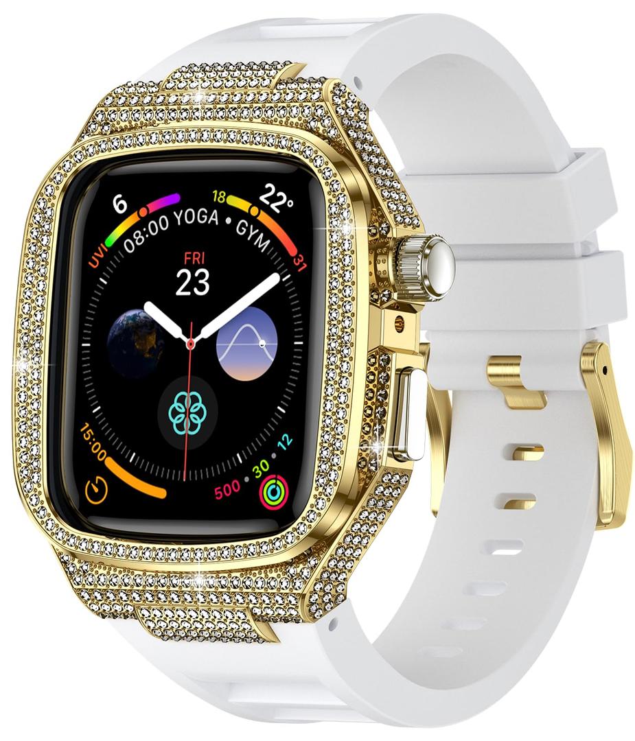 Bling Diamond Case with Band for Apple Watch 46mm 45mm 45mm 42mm, Compatible with Iwatch Series 11 10 9 8 7 6 5 4 SE3 2 1, Gold Case and Correa Para Apple Watch, Luxury Apple Watch Band for Man (Gold White, 46mm)