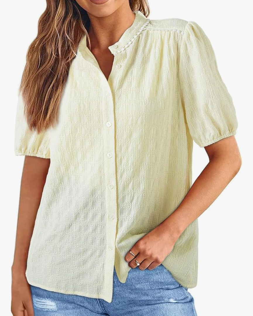 EVALESS Womens Button Down Shirts Cute Short Puff Sleeve V Neck Tops Spring Summer Blouses for Women Dressy Casual Size Large