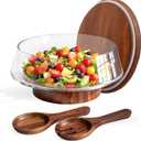 Extra Large Glass Salad Bowl with Lid Set, 5-Qt (160 fl oz) Mixing/Serving Bowl with Wood Base & Salad Servers, Trifle Bowl for Kitchen, Parties & Christmas