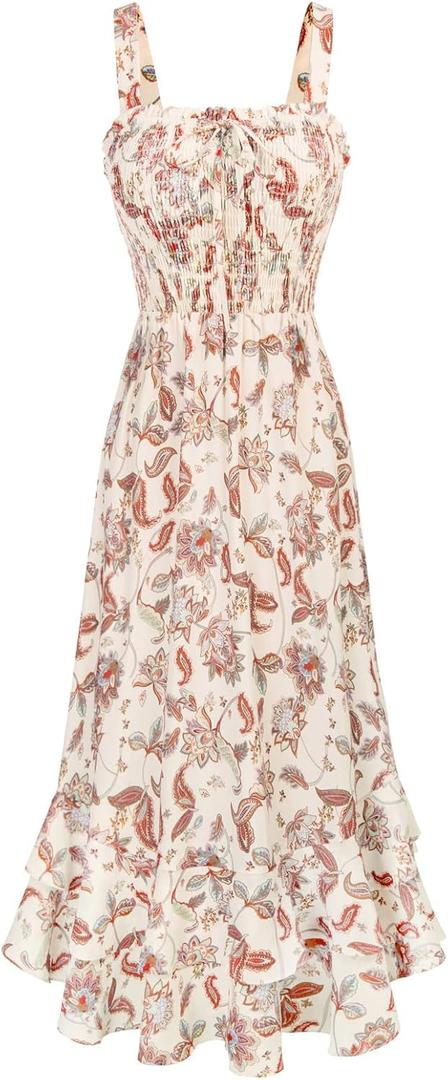 GRACE KARIN Women's 2025 Summer Floral Boho Dress Square Neck Strapped Swing A Line Sundress Beach Long Maxi Outfits (Medium, Beige)