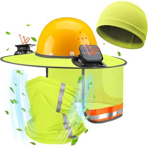 1 Sun Hard Hat Shade Full Brim with Solar Fans, Cooling Helmet Liner, Neck Sunshade Cover High Visibility Mesh with Reflective Strip Summer Protection Accessories
