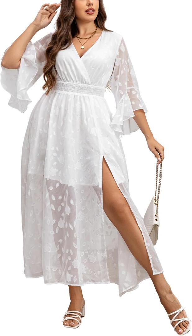 EYWOL Wedding Guest Dress Plus Size Ruffle Bell Sleeve V Neck A Line Flowy Empire Waist Maxi Dresses with Slit (White, XL)
