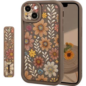 Lovmooful Compatible for iPhone 15 Case Cute Aesthetic Color Flower Floral Leaf with Wrist Strap Design for Girls Women Soft TPU Shockproof More Protective Girly for iPhone 15 Case-Brown