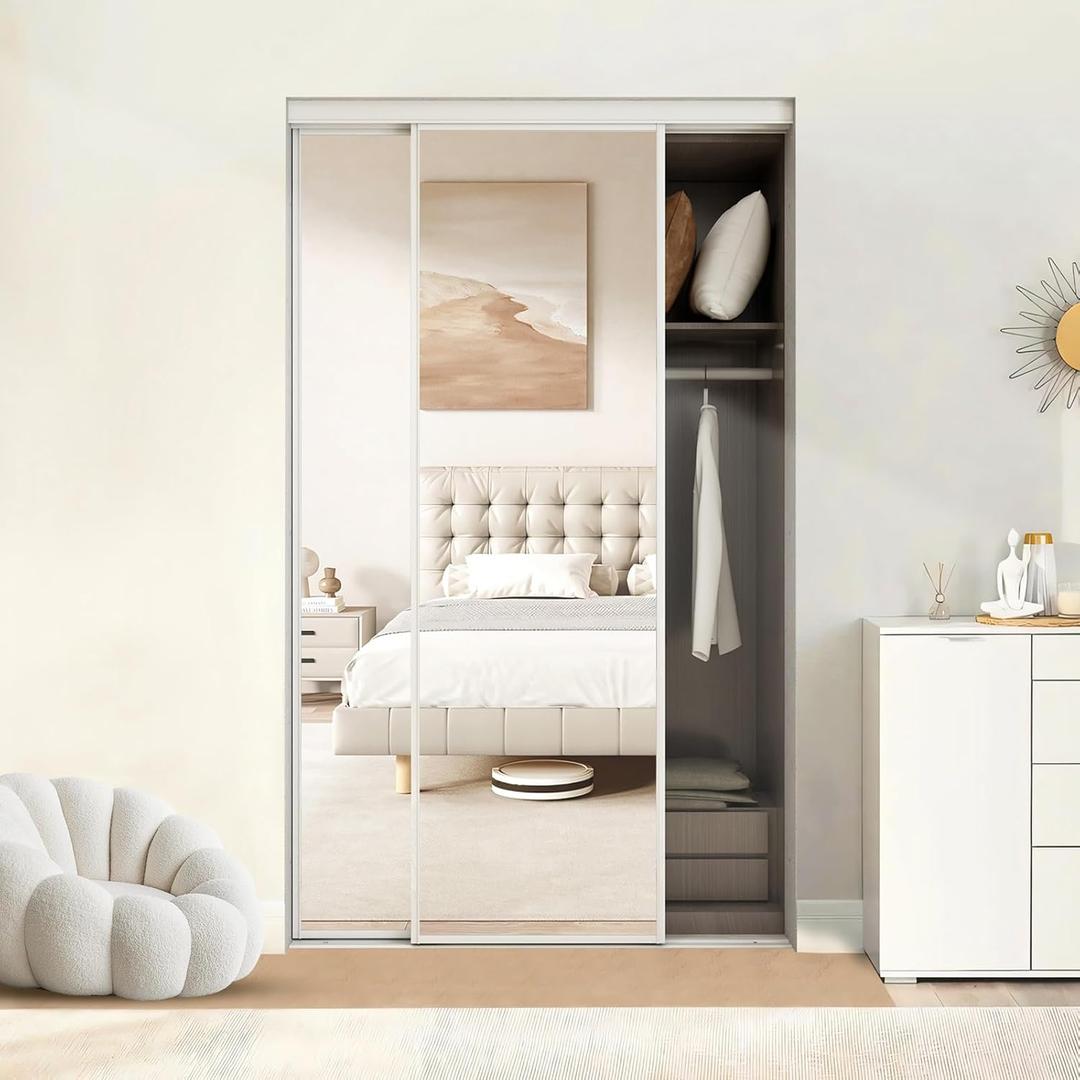 BARNSMITH 48 x 80 Inches Mirrored Closet Door, One Side Mirror with Top & Bottom Track Kits, 2-Panels Steel Frame Sliding Mirror Closet Door, Easy to Install