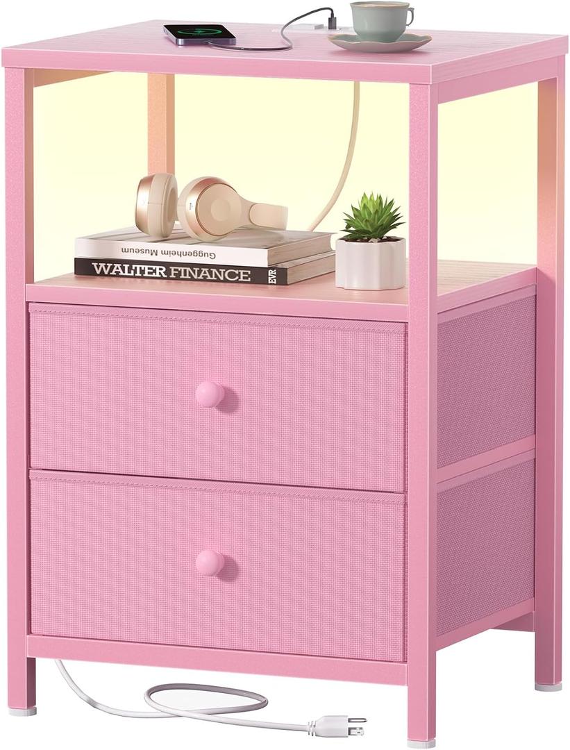 BOLUO Pink Nightstand with Charging Station, LED Night Stand with 2 Fabric Drawers, Bedside Table with USB Ports and Outlets, Nightstand for Bedroom Modern