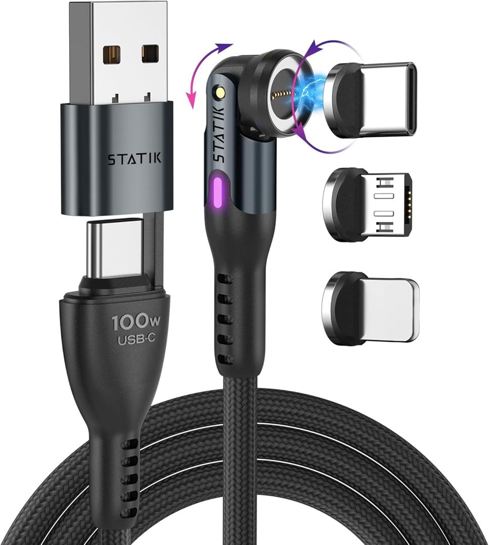 Statik 360 Pro Magnetic Charging Cable - 100W Fast Charging USB C Charging Cable, Magnetic Charger Cable Compatible with Apple Devices, USB-C, Micro-USB, USB-A Adapter - Black 3FT/1M (2nd Gen Black)