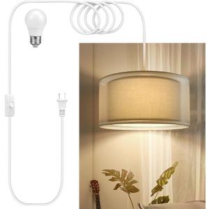 Plug in Pendant Light, 15FT White Cord Hanging Lights with Plug in Cord, Hanging Light with On/Off Switch, Double Linen Shade Fabric Design, Pendant Llight Fixture for Bedroom Restaurant Beige