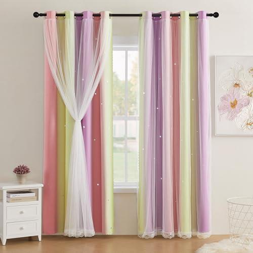 XiDi Curtains for Girls Bedroom Decor Kids Blackout Curtains for Nursery Room Darkening Rainbow Princess Unicorn Wall Decals Little Girl Pink Yellow Purple Grommet Top 34x63 Inches Long 2 Panels Set