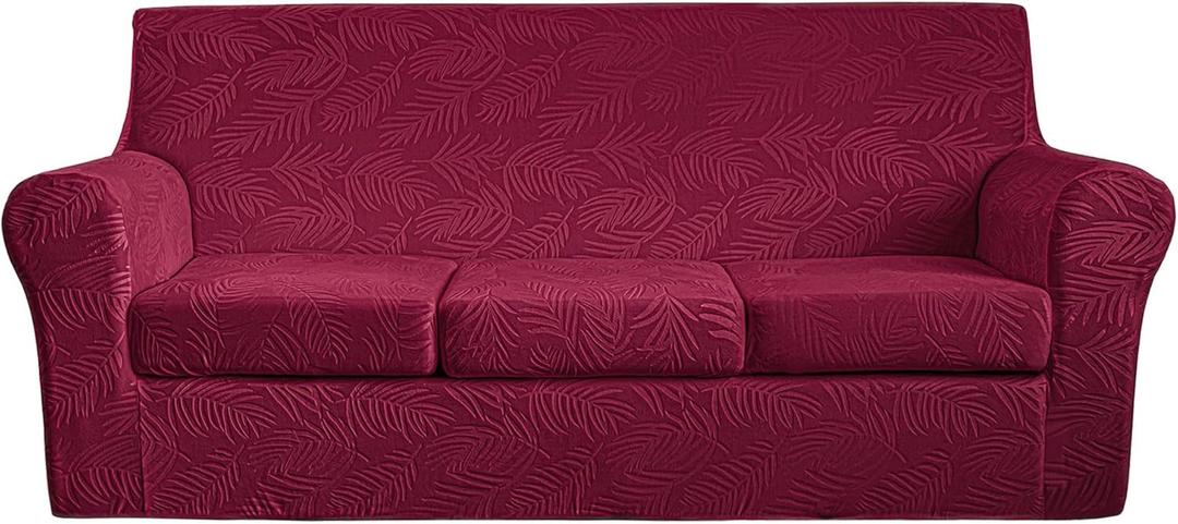 4 Pieces Velvet Sofa Covers for 3 Cushion Couch Thick Plush Fabric Sofa Slipcovers 3 Seat Pet Proof Couch Cover That Stays on Place with Non Slip Foam Strips (Wine Red, Sofa) 42"D x 91"W x 42"H