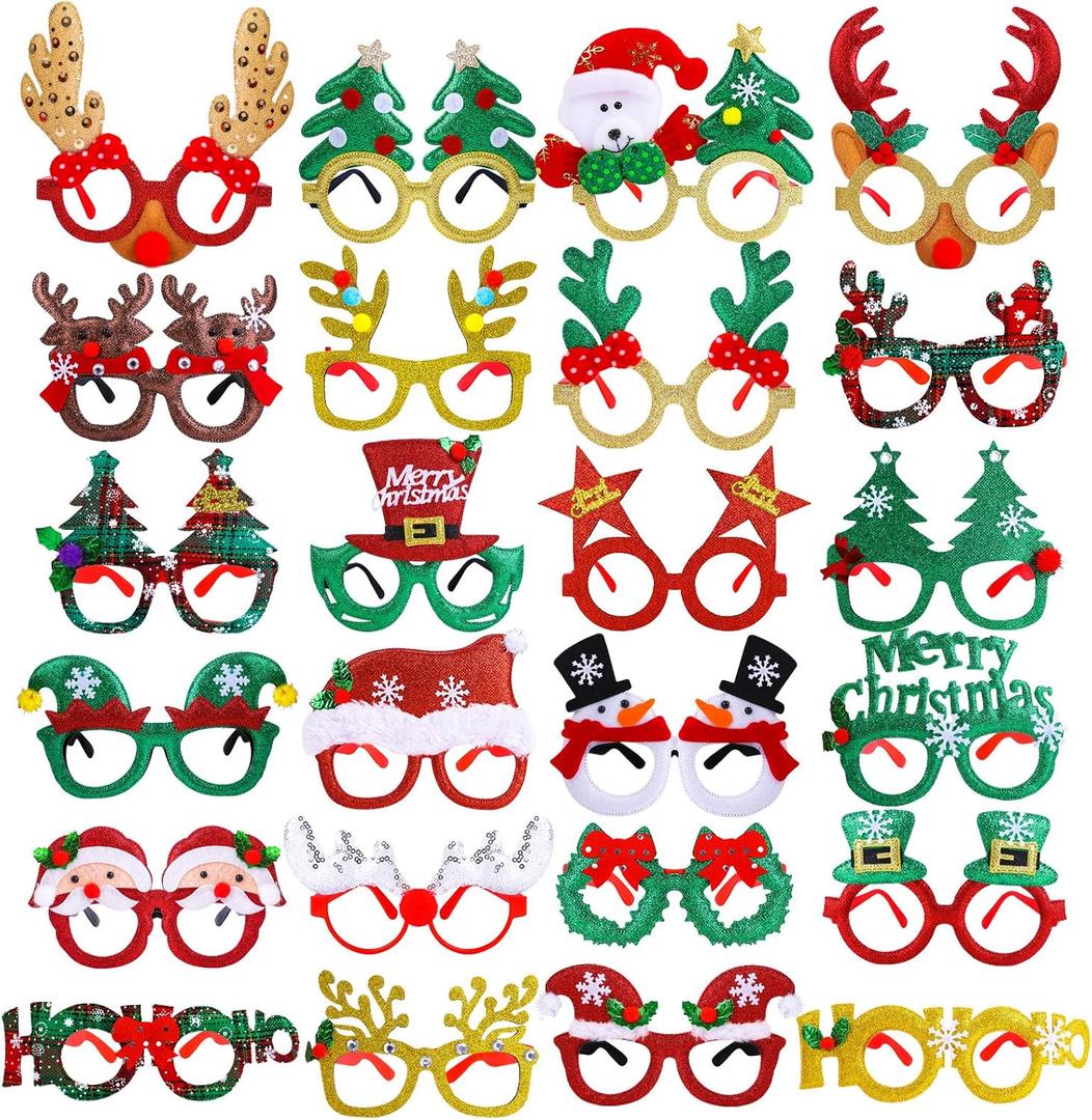 Aneco 24 Pack Christmas Costume Glasses Frames - Party Glitter Ornaments, Santa Snowman Eyewear for Creative Funny Christmas Party