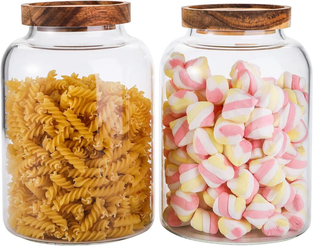 Bekith 2 Pack Large Glass Food Storage Jar with Airtight Wooden Lid, 66 FL OZ(1950ml) Glass Food Canister for Kitchen and Pantry Organization, Storage Containers for Coffee, Rice, Sugar, Flour