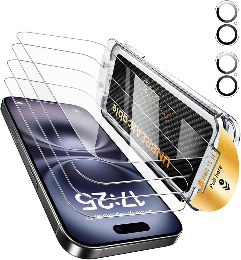 UNBREAKcable for iPhone 16 Plus Screen Protector 4+2 Pack [9H+ Military-Grade Shatterproof] [Effortless Bubble-Free Installation] Ultra HD Clarity Tempered Glass with Lens Protector, Case friendly