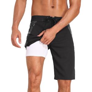 unitop Mens Swim Trunks with Compression Liner Bathing Suit 9" Surfing Summer Board Shorts with Pocket (Black)