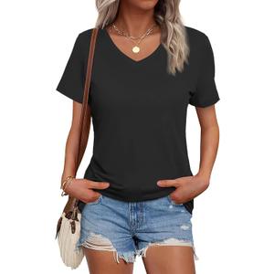 SMENG Women's Cotton V Neck T-Shirt Short Sleeve Solid Color Tee Casual Fit Tee Breathable Summer Fashion Tops (X-Large, Black)