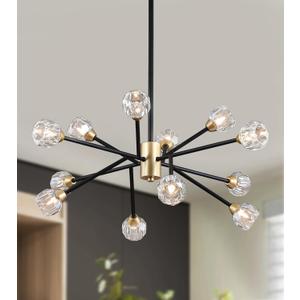 AMZASA Crystal Chandeliers, Modern Black and Gold Sputnik Pendant Lighting, 12 Lights Mid Century Ceiling Light Fixtures for Dining Room Kitchen Island Living Room Bedroom Bar,UL