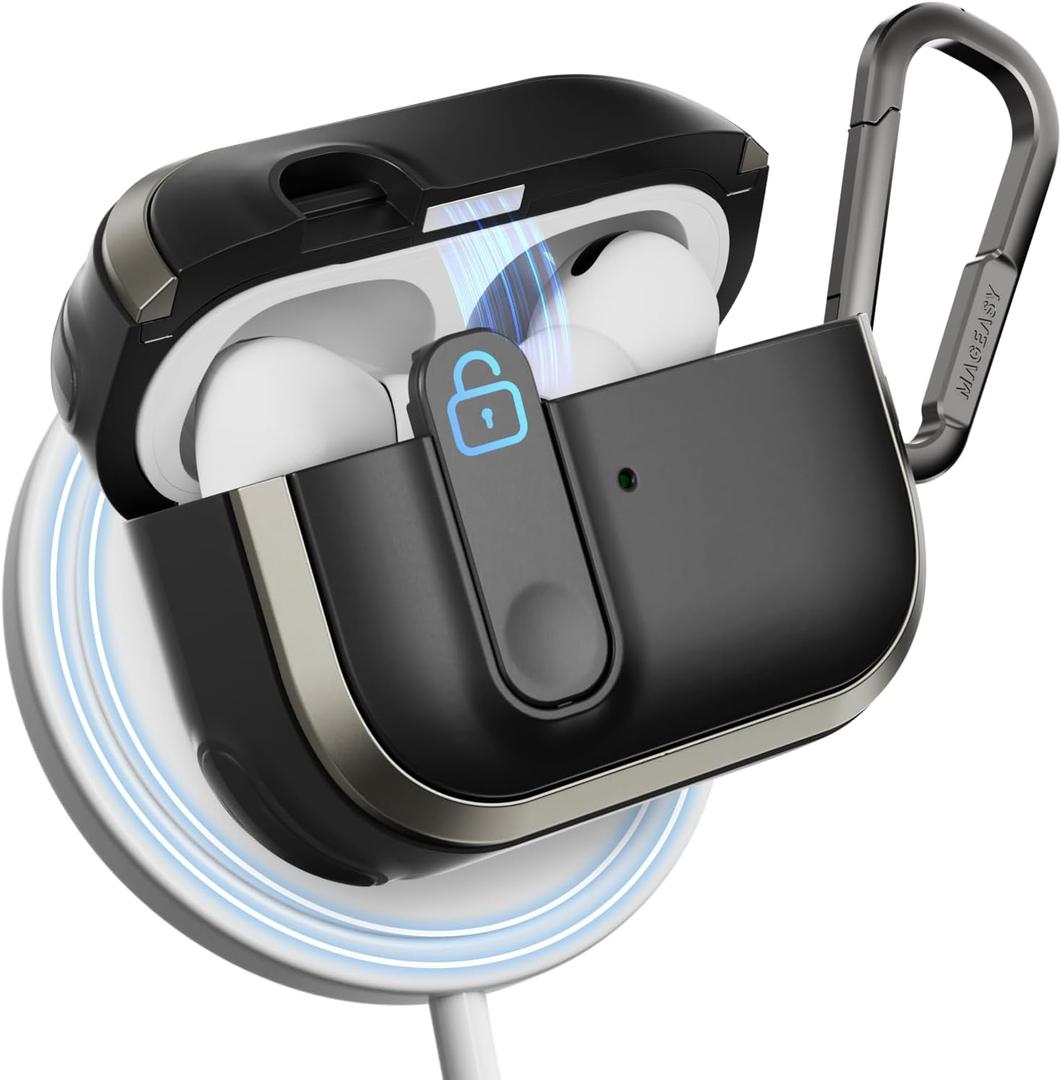 MAGEASY Design for AirPods Pro 2 Case Cover - Rugged AirPods Pro Case with Lock | Work with Cable, Official Apple Watch & MagSafe Charging | Include Carabiner - Odyssey (Metal Black)