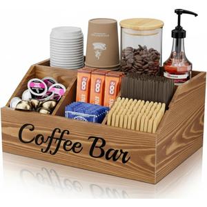 Coffee Station Organizer for Countertop – Wooden Coffee Bar Organizer with Adjustable Dividers,Holds K Cup Pod & syrup bottles, for Kitchen, Office, or Bar and Tea Station, Brown