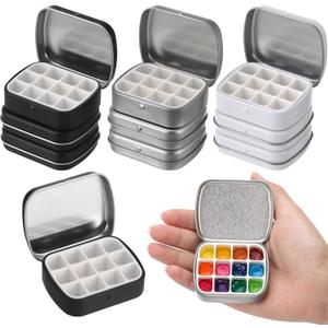 9 Pcs Mini Empty Watercolor Palette Tins, 12-Well Portable Metal Paint Tray with Lid, Strong Adhesion Pigment Pans, Compact Travel Art Storage Case, for Outdoor Travel Artists Sketching & Painting