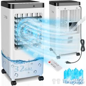 Swamp Cooler, Evaporative Air Cooler with Enlarge Water Tank,Swamp Cooler Air Conditioner with Timer,3 Speeds,80 Oscillation,20H Air Cooler for Room Office Kitchen Bedroom Garage(Include 6 Ice Packs) (White)