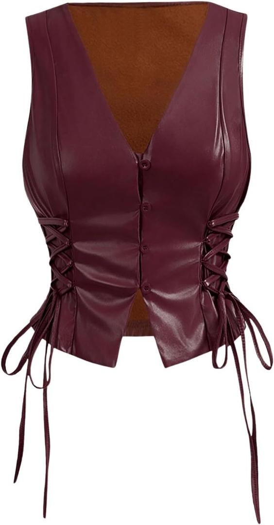 SOLY HUX Women's PU Leather Vest Tops Sexy Vintage Lace Up Button Down V Neck Crop Tank Tops (Medium)