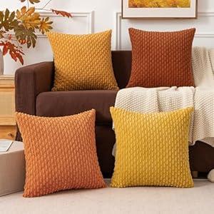 Kevin Textile Fall Throw Pillow Covers Pack of 4 Super Soft Boho Corduroy Decor Pillow Cases Mix and Match Colors Plush Texture Accent Pillows for Sofa Couch Living Room Chair 18x18 Inch, Beige/Teal