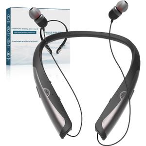 Tyxmere Bluetooth 5.3 Neckband Bluetooth Headphone, Sweat Resistant Noise Cancelling Stereo Headphones, and Retractable Ear Tips for Music, Conference, Videos（Bright Black）