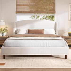 Christopher Knight Home Cordo California King Size Bed Set, Upholstered Platform Bed with Wingback Headboard, Solid Wooden Slats Panel Support, No Box Spring Needed, Easy Assembly, Beige