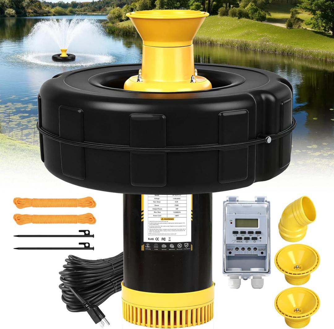 Pond Fountain Aerator, 1HP 110V 750W 15000 GPH PowerfuI Floating Fountain Pump, Unpack and Deploy, with 100FT Power Cord, Timer, Aerating Fountain for Large Ponds Lakes Jet System (Plastic)