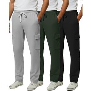 Real Essentials 3 Pack: Men's Tech Fleece Open Bottom Cargo Sweatpants with Pockets (X-Large)