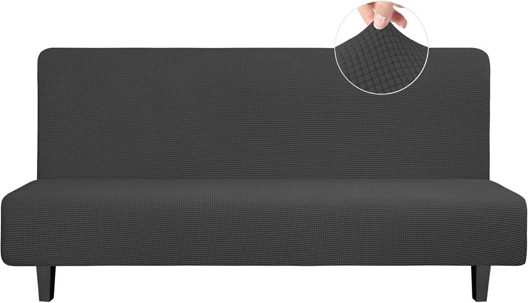 Easy-Going Stretch Futon Slipcover Armless Futon Bed Cover Furniture Protector Without Armrests with Elastic Bottom for Kids, Soft Jacquard Fabric Small Checks (Large, Dark Gray)