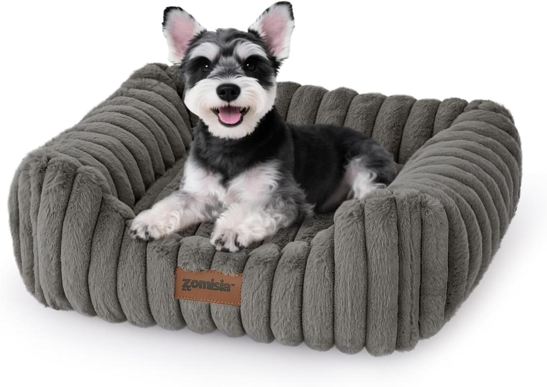 ZOMISIA Small Dog Beds for Small Dogs - Washable Cat Beds for Indoor Cats, Rectangle Orthopedic Puppy Bed with Fluffy Removable Cover, 20x19x7inches, Grey