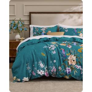 Bedsure Floral Duvet Cover King Size - 100% Cotton Reversible Vintage Teal Bird Duvet Cover Set, 3 Pieces Soft & Breathable PureWoven Bedding Set with 2 Pillow Shams (Chinoiserie Teal 104"x90")