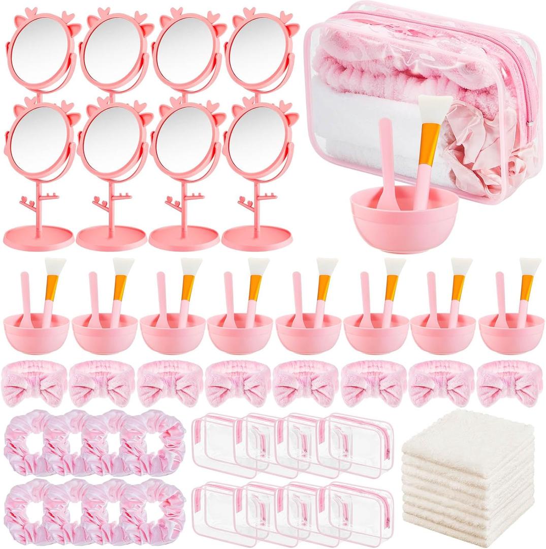 64pcs Spa Sleepover Party Supplies Bulk, Include Face Mask Mixing Bowl Set, Mirror, Headband, Scrunchies, Cosmetic Bags, Face Wash Cloths for Spa Birthday Party (Pink)