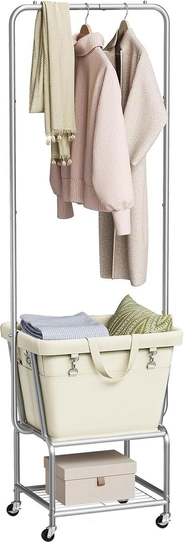 ELYKEN Laundry Cart with Hanging Rack, Rolling Laundry Hamper with Wheels, Laundry Basket with Removable Liner Bag and Shelf, Sturdy Metal Frame Dirty Clothes Basket for Hotel, Home, Closet, Dorm (Silver+Cream)