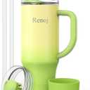 Renoj Insulated Mug 100% Spill Resistant Insulated Water Bottle for Iced Coffee & Hot Drinks - Fits Car Cup Holder, Ideal Gift, 2 Straws & Silicone Boot - FlexSlide Green Gradient 32 oz