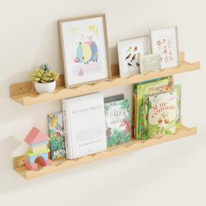 Fun Memories Picture Ledge Shelf for Wall, 36 inch Pine Wood Nursery Book Shelves Set of 2- Wall Book Shelves for Kids Room, Home Decor - Kitchen Spice-Natural (36 inches, Set of 2)