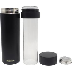 15oz Stainless Steel Vacuum Insulated Water Bottle with glass liner inside,glass lined thermos with tea strainer for Hot drink and Cold drink-Leakproof car mug(Black,tea strainer)