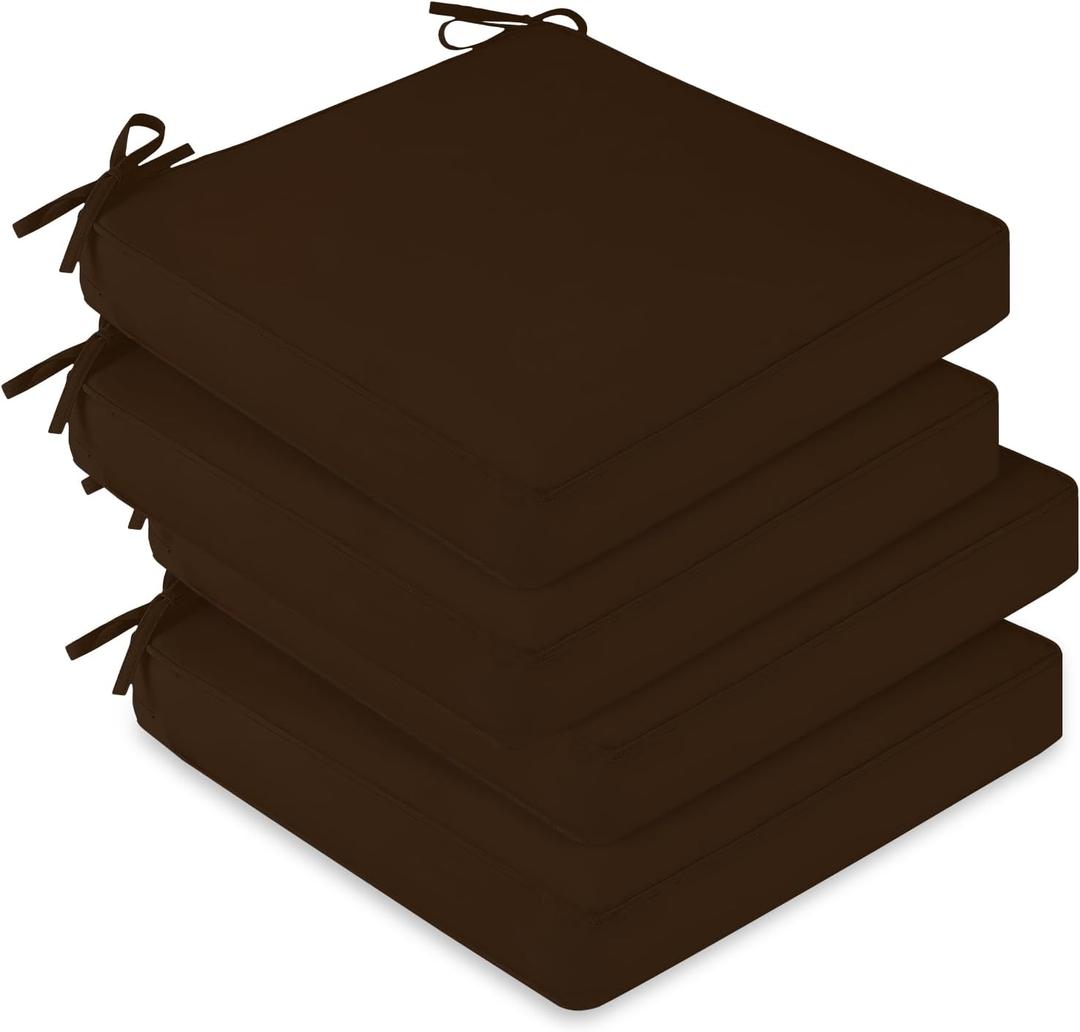 downluxe Waterproof Outdoor Chair Cushions Set of 4, 19" x 19" x 3" Patio Chair Cushion with Non-Slip Ties & Handle, Square Outdoor Cushion for Patio Furniture with Removable Cover, Brown